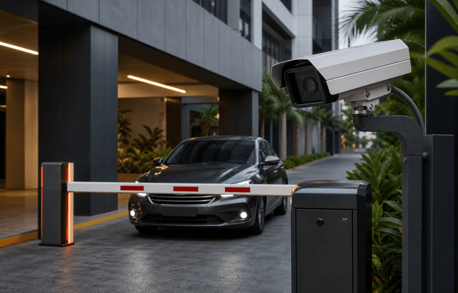 Automatic number plate recognition reader at a commercial parking entrance