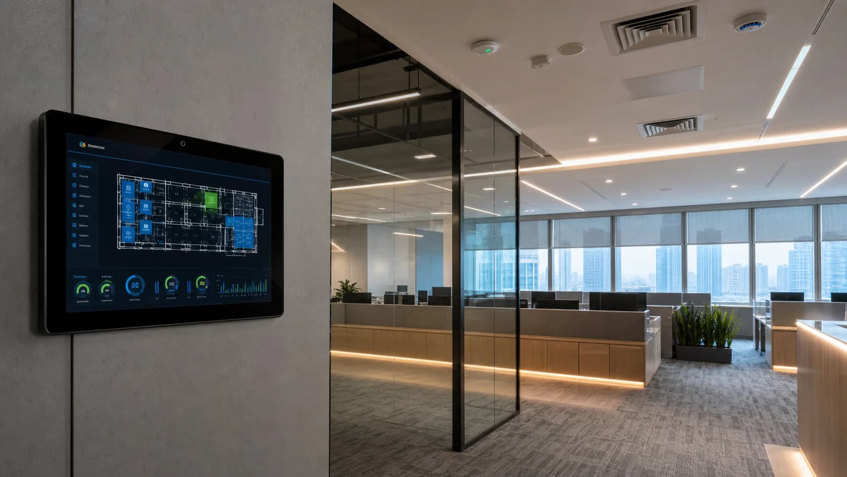 Building management system controlling office lighting, HVAC, occupancy sensors, blinds, and energy performance